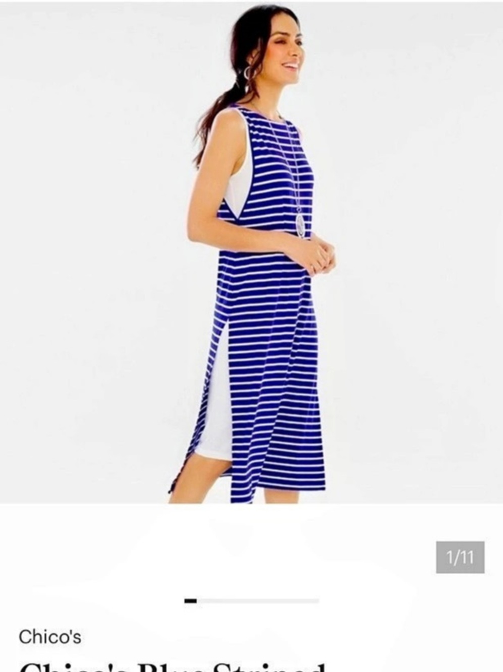 chico's Sleeveless Double Layer Dress Striped Midi Dress in Blue & White Size